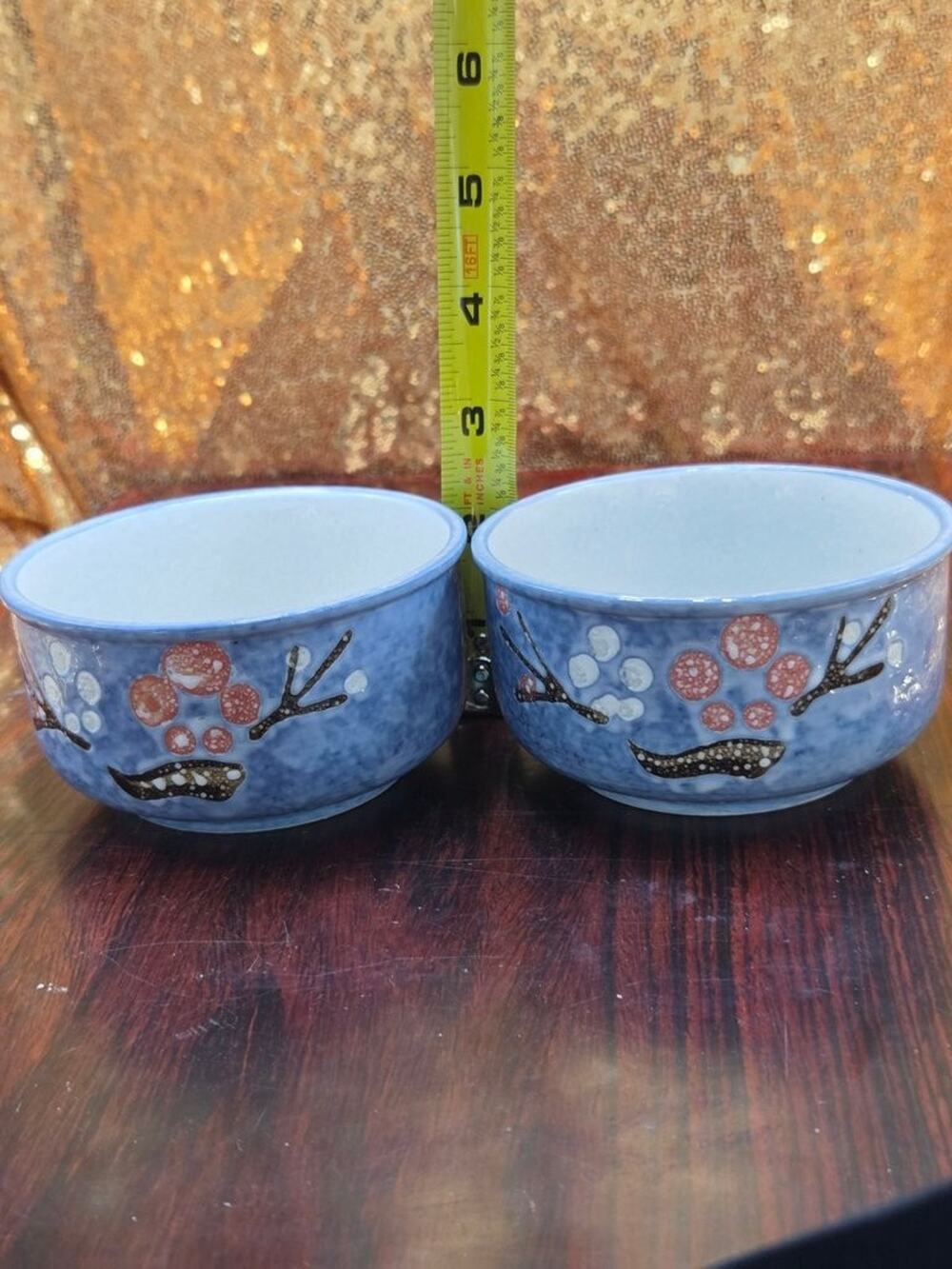 Vintage Japanese Blue Ceramic Bowls with Floral Design